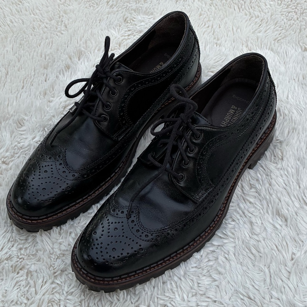 Johnston & Murphy Trade Mark Wing Tip Dress Black Size 9.5 M Sheep Skin